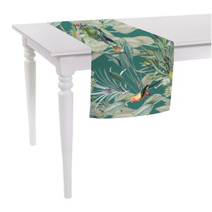 Zelený behúň na stôl Mike & Co. NEW YORK Jungle Birds, 140 x 40 cm