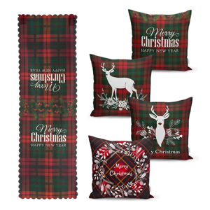Súprava 4 vianočných obliečok na vankúš a behúň na stôl Minimalist Cushion Covers Tartan Christmas