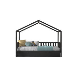 Antracitovosivá domčeková/s výsuvným lôžkom detská posteľ z borovicového dreva s úložným priestorom 90x200 cm DALLAS – Vipack